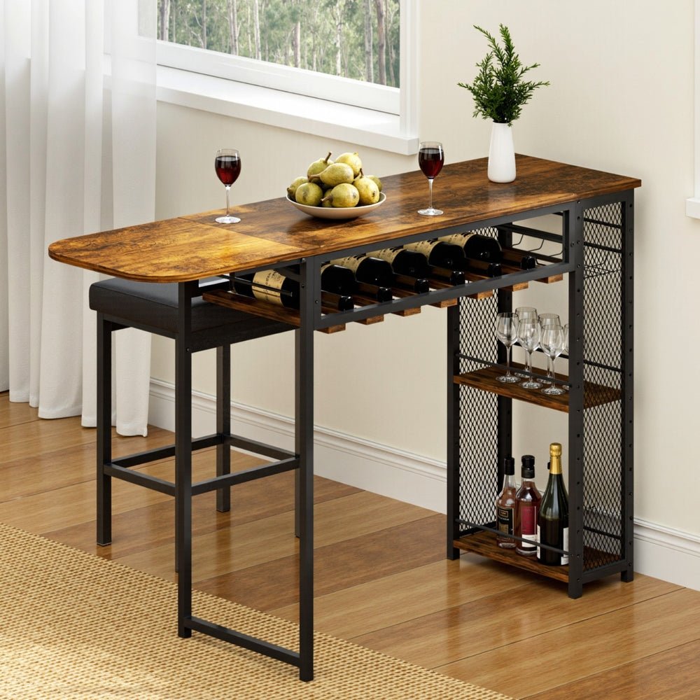 Industrial Bar Table with Wine Rack Built - in Cup Holder Extendable 140cm - Furniture > Dining > Dining Tables - Rivercity House & Home Co. (ABN 18 642 972 209) - Affordable Modern Furniture Australia