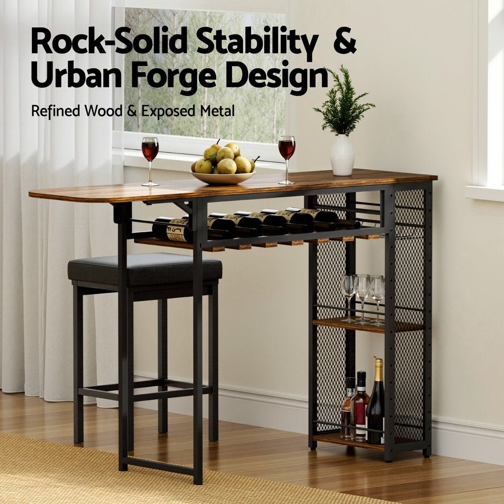 Industrial Bar Table with Wine Rack Built - in Cup Holder Extendable 140cm - Furniture > Dining > Dining Tables - Rivercity House & Home Co. (ABN 18 642 972 209) - Affordable Modern Furniture Australia