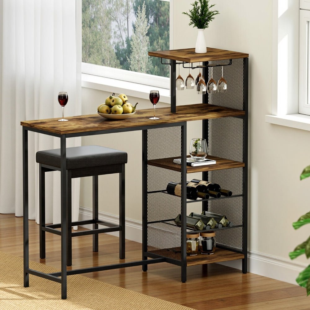 Industrial Bar Table with Wine Rack Cup Holder Multi - Level Storage 122cm Walnut - Furniture > Dining > Dining Tables - Rivercity House & Home Co. (ABN 18 642 972 209) - Affordable Modern Furniture Australia