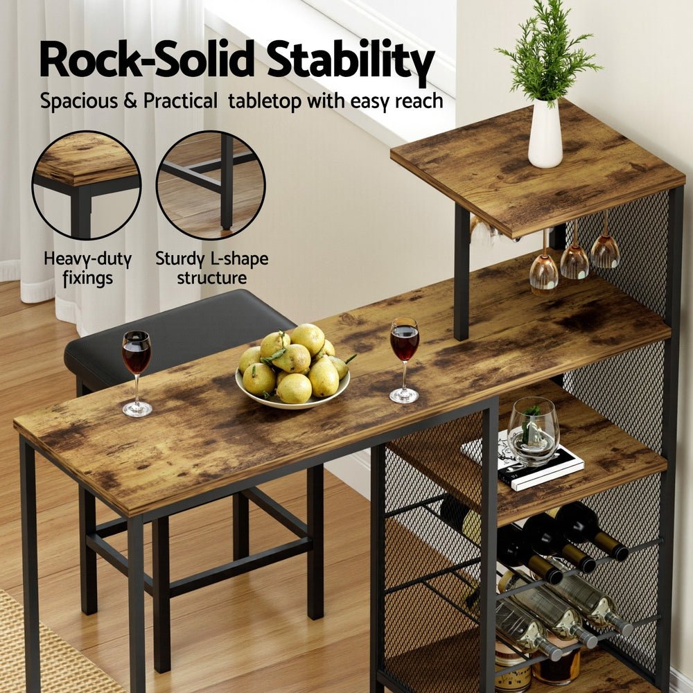 Industrial Bar Table with Wine Rack Cup Holder Multi - Level Storage 122cm Walnut - Furniture > Dining > Dining Tables - Rivercity House & Home Co. (ABN 18 642 972 209) - Affordable Modern Furniture Australia