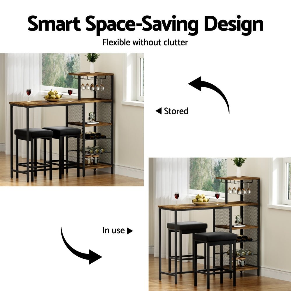 Industrial Bar Table with Wine Rack Cup Holder Multi - Level Storage 122cm Walnut - Furniture > Dining > Dining Tables - Rivercity House & Home Co. (ABN 18 642 972 209) - Affordable Modern Furniture Australia