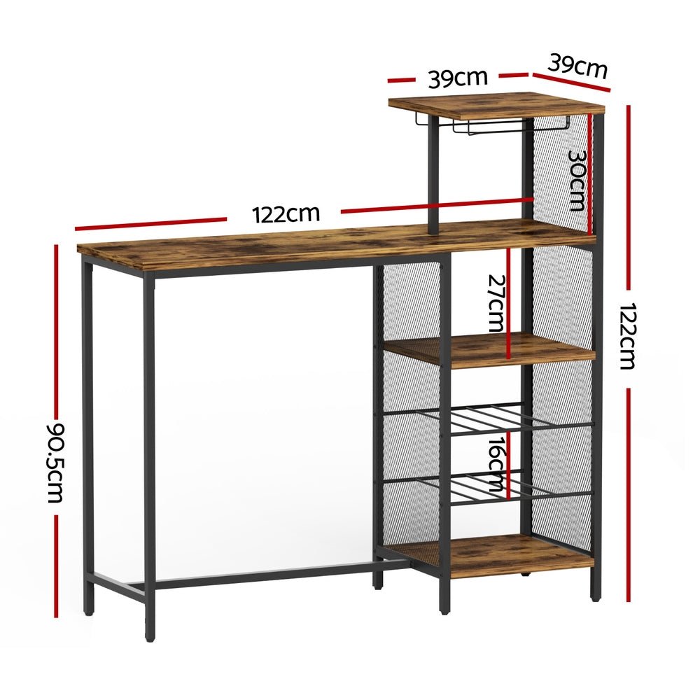 Industrial Bar Table with Wine Rack Cup Holder Multi - Level Storage 122cm Walnut - Furniture > Dining > Dining Tables - Rivercity House & Home Co. (ABN 18 642 972 209) - Affordable Modern Furniture Australia