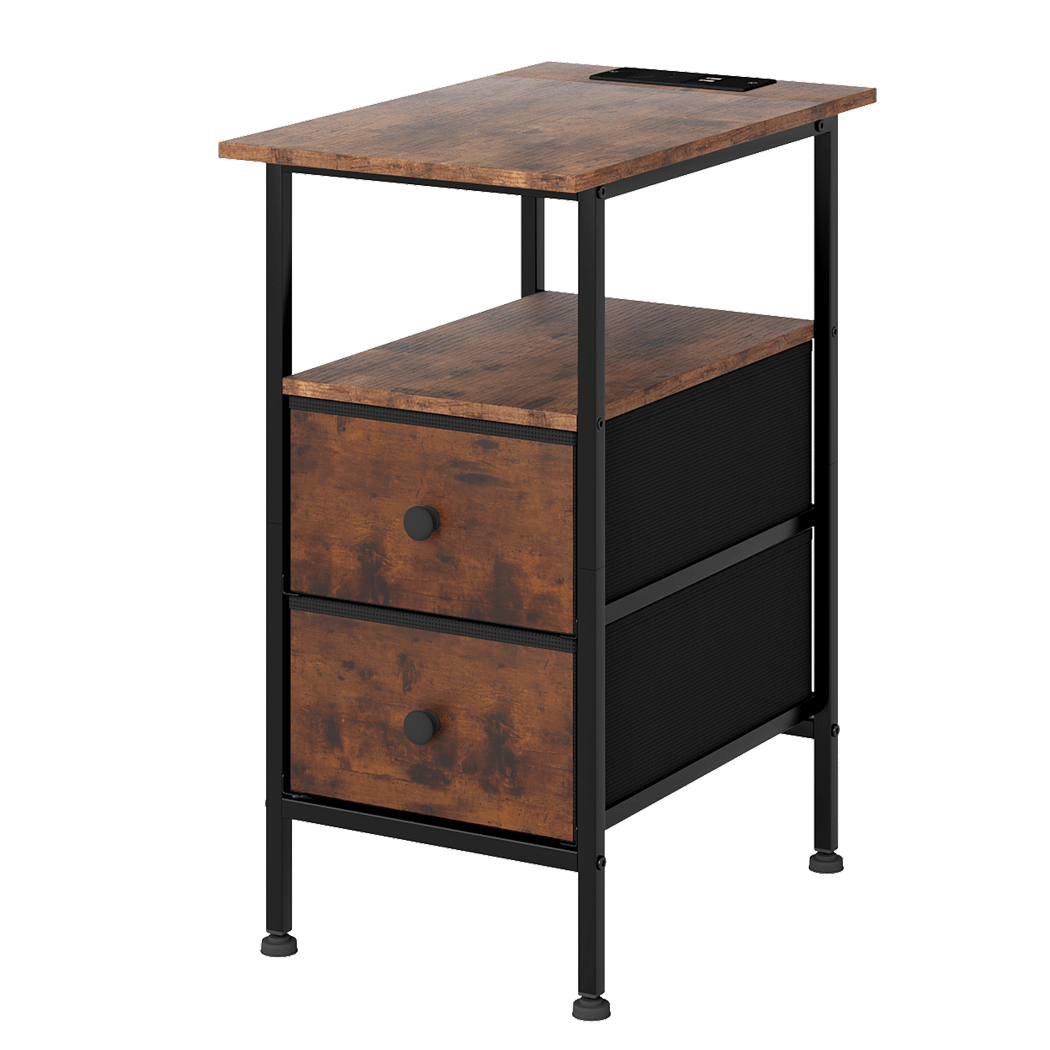 Industrial Bedside Table with 2 Drawers and Charging Station - Brown - Rivercity House & Home Co. (ABN 18 642 972 209) - Affordable Modern Furniture Australia