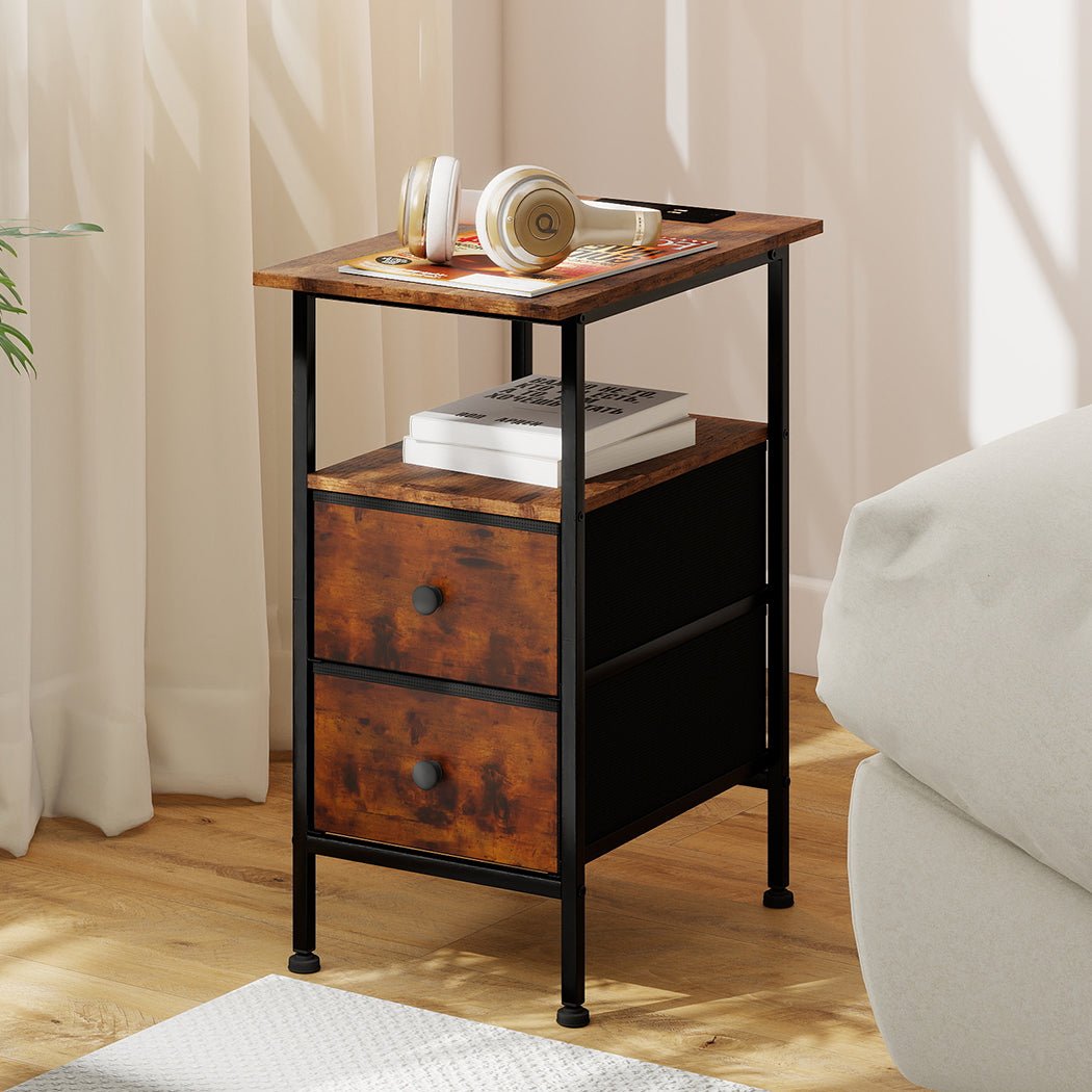 Industrial Bedside Table with 2 Drawers and Charging Station - Brown - Rivercity House & Home Co. (ABN 18 642 972 209) - Affordable Modern Furniture Australia