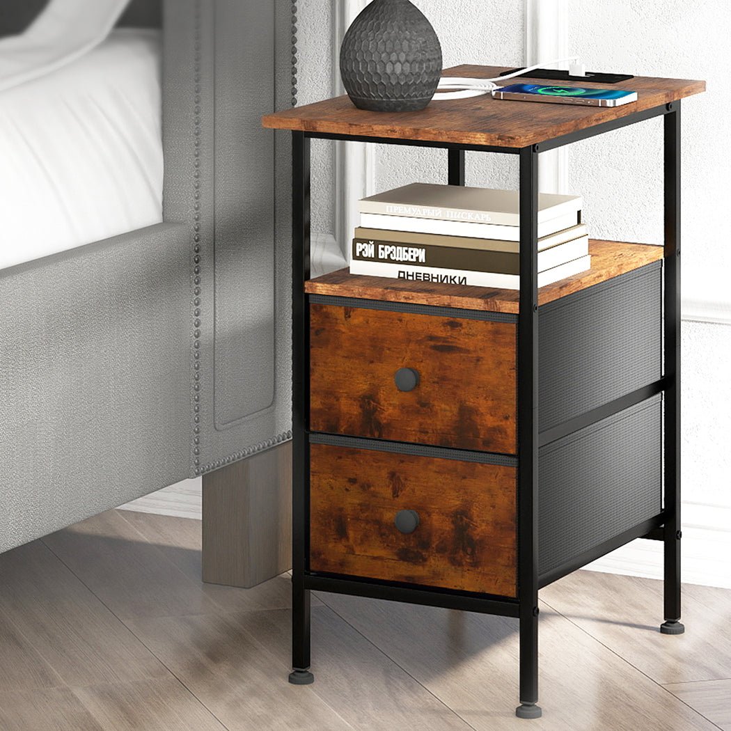 Industrial Bedside Table with 2 Drawers and Charging Station - Brown - Rivercity House & Home Co. (ABN 18 642 972 209) - Affordable Modern Furniture Australia