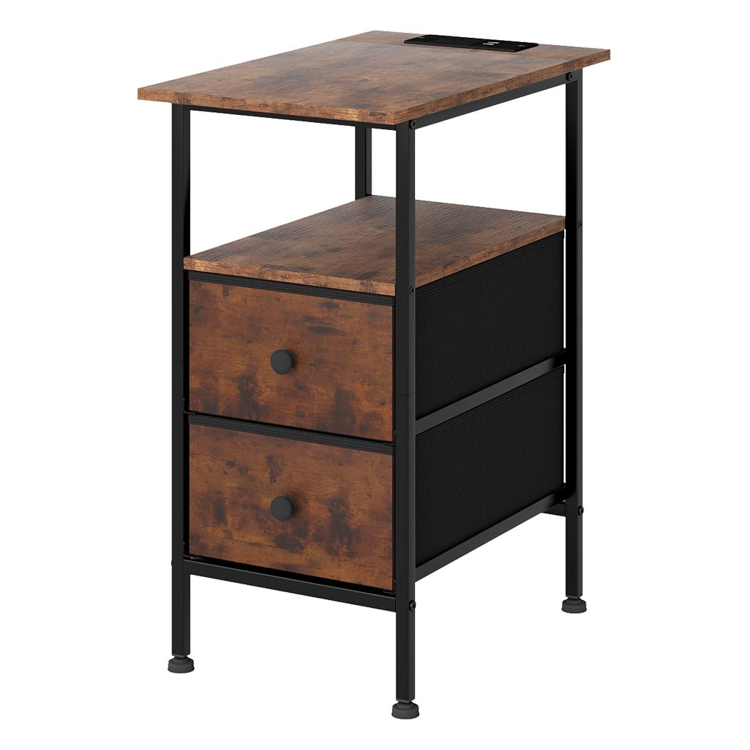 Industrial Bedside Table with 2 Drawers and Charging Station - Brown - Rivercity House & Home Co. (ABN 18 642 972 209) - Affordable Modern Furniture Australia