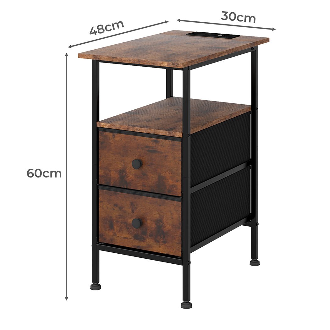 Industrial Bedside Table with 2 Drawers and Charging Station - Brown - Rivercity House & Home Co. (ABN 18 642 972 209) - Affordable Modern Furniture Australia