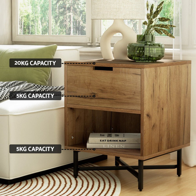 Industrial Style Bedside Table With Drawer Oak - Furniture > Bedroom - Rivercity House & Home Co. (ABN 18 642 972 209) - Affordable Modern Furniture Australia