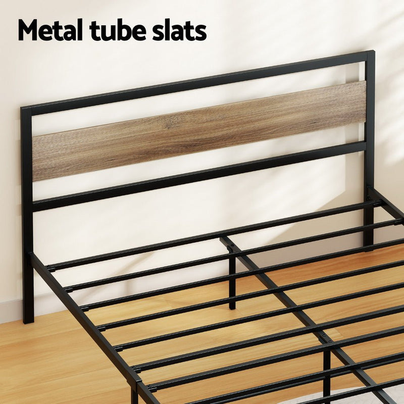 Industrial Style Double Metal Bed Frame Wood & Black - Furniture > Bedroom - Rivercity House & Home Co. (ABN 18 642 972 209) - Affordable Modern Furniture Australia