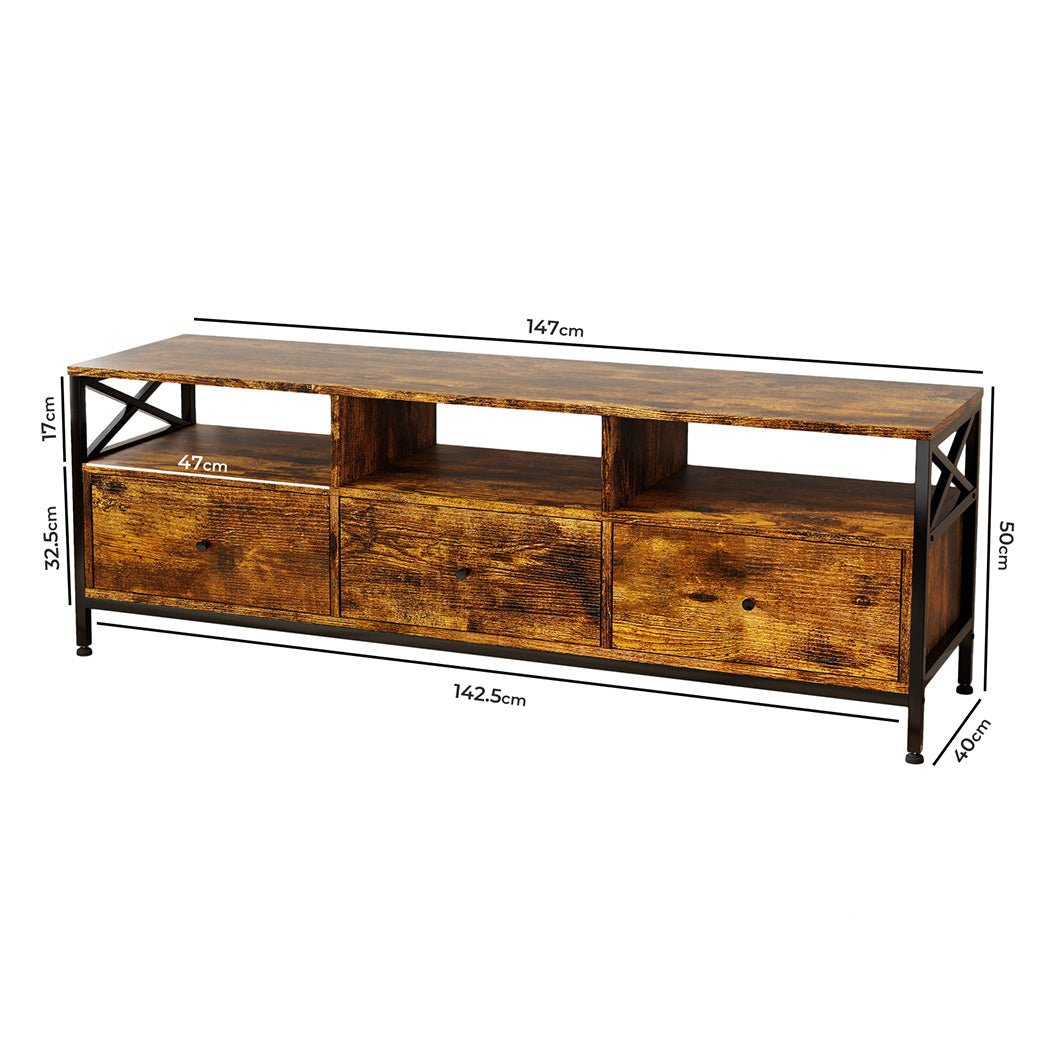 Industrial TV Stand Cabinet 147cm with Storage Drawers and Shelves - Brown - Rivercity House & Home Co. (ABN 18 642 972 209) - Affordable Modern Furniture Australia