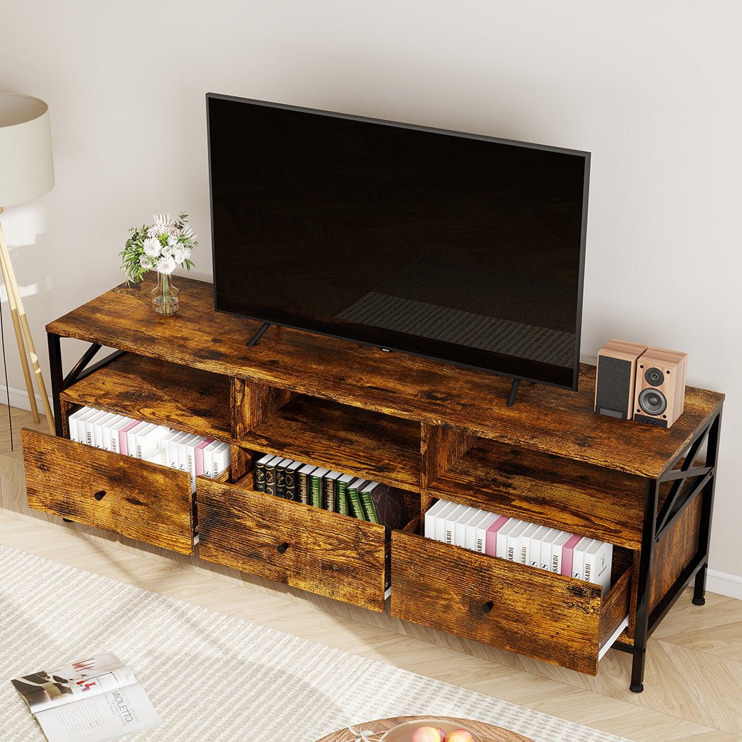Industrial TV Stand Cabinet 147cm with Storage Drawers and Shelves - Brown - Rivercity House & Home Co. (ABN 18 642 972 209) - Affordable Modern Furniture Australia