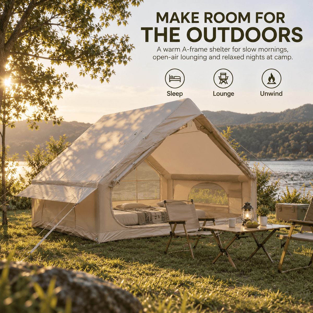 Inflatable A-Frame Camping Tent Large Outdoor Glamping - Beige - Outdoor Recreation > Camping > Tents - Rivercity House & Home Co. (ABN 18 642 972 209) - Affordable Modern Furniture Australia