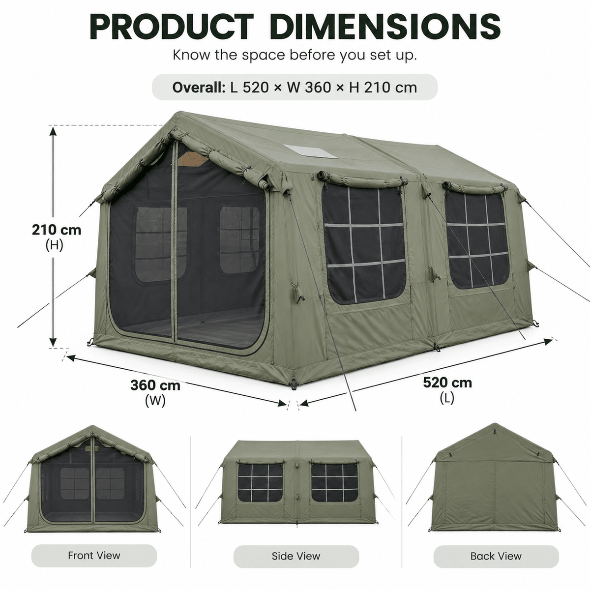 Inflatable Cabin Camping Tent 520x360cm with Mesh Entry - Olive Green - Outdoor Recreation > Camping > Tents - Rivercity House & Home Co. (ABN 18 642 972 209) - Affordable Modern Furniture Australia