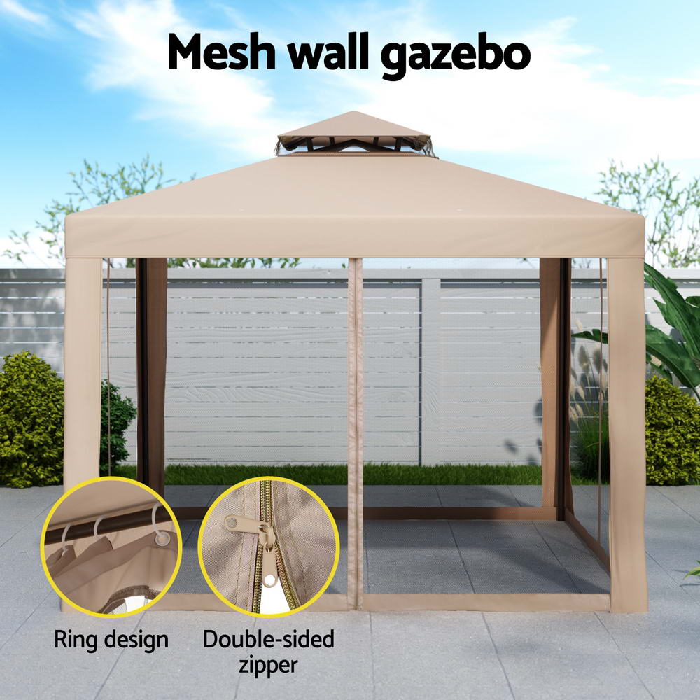 Instahut Gazebo Marquee 3m Outdoor Event Tent Camping Party Mesh Wall Canopy Brown - Home & Garden > Shading > Canopies & Gazebos - Rivercity House & Home Co. (ABN 18 642 972 209) - Affordable Modern Furniture Australia