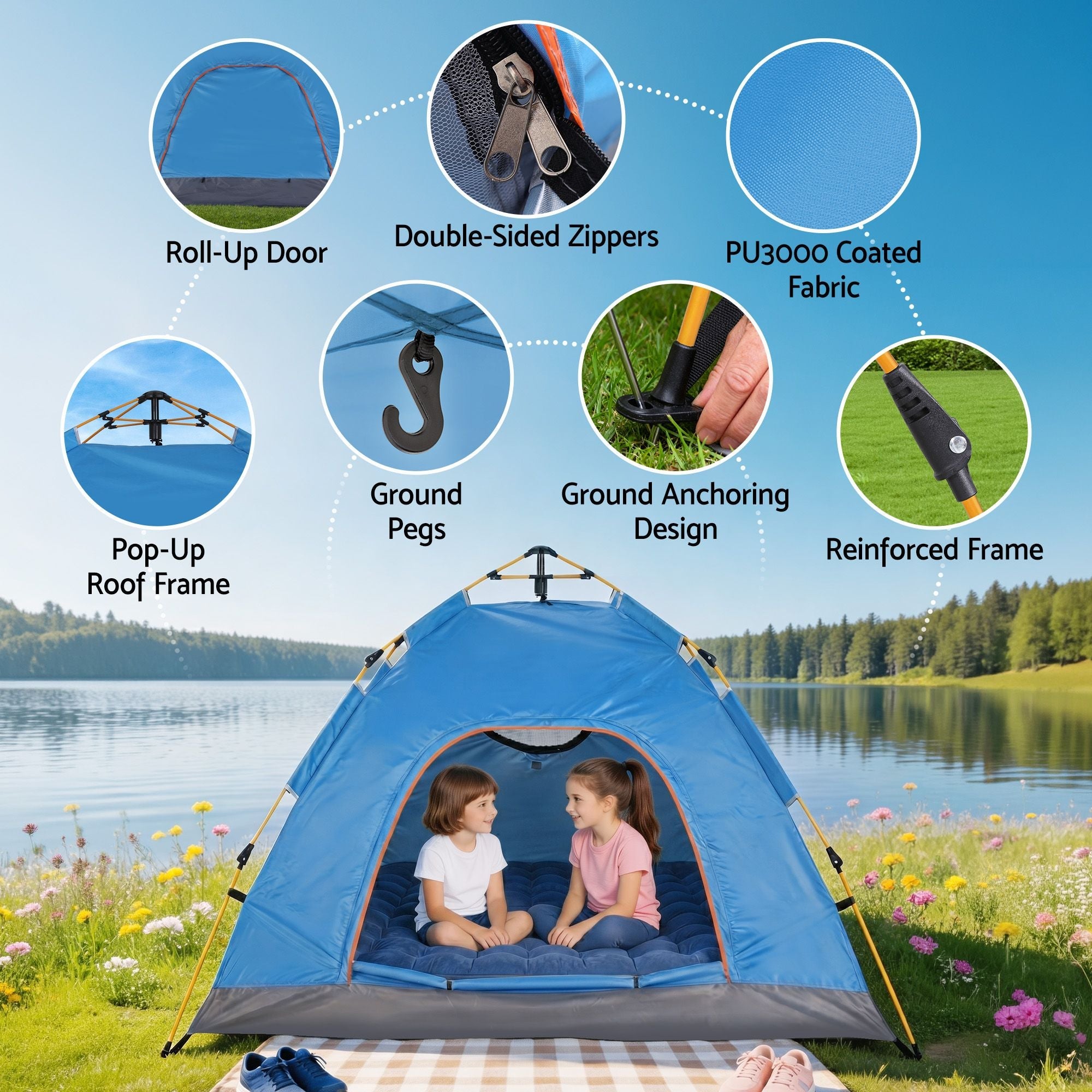 Instant Pop Up 2 to 3 Person Camping Tent for Outdoor Hiking - Blue - Outdoor Recreation > Camping > Tents - Rivercity House & Home Co. (ABN 18 642 972 209) - Affordable Modern Furniture Australia