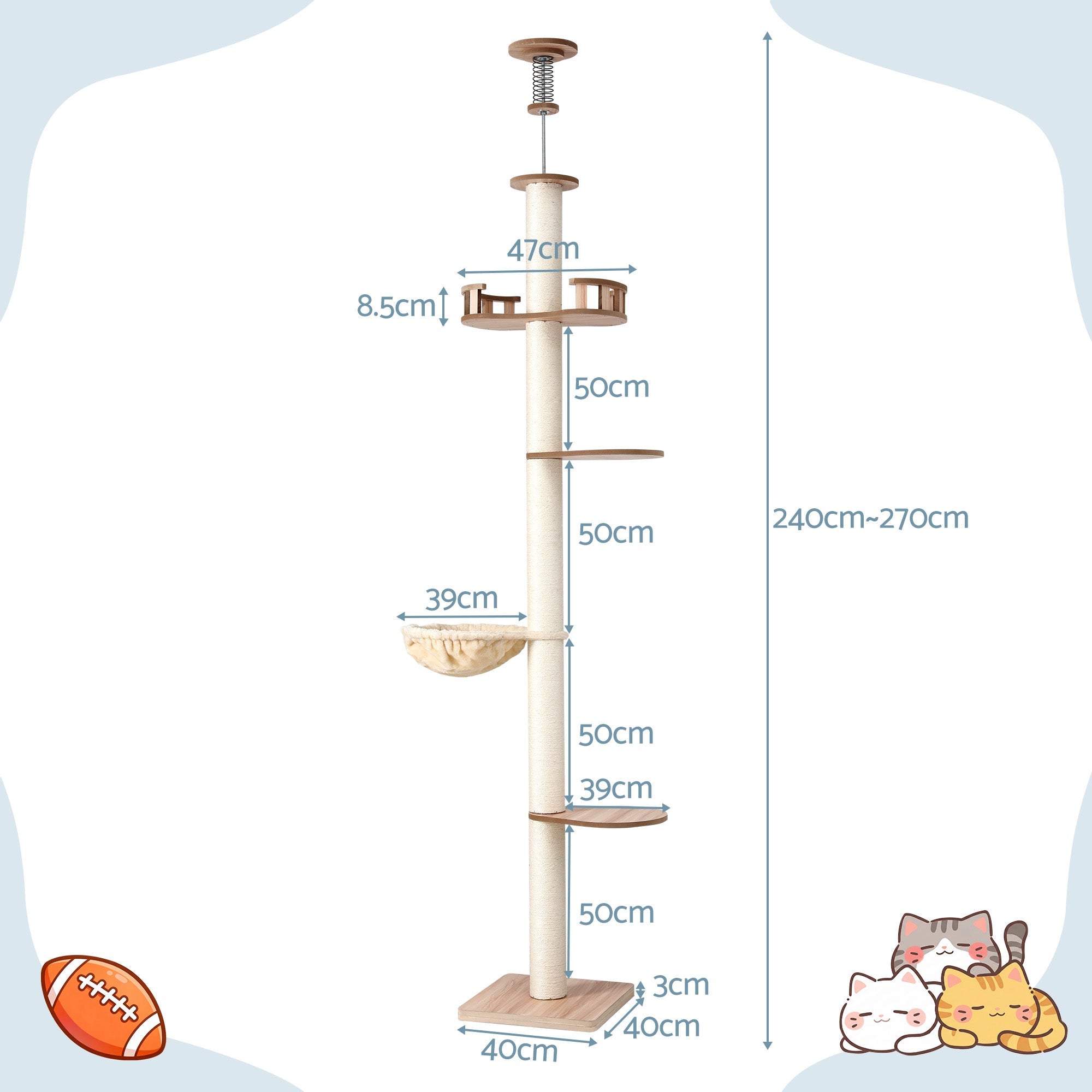 i.Pet Cat Tree Tower Floor to Ceiling Scratching Post 270cm Beige - Pet Care > Cat Supplies > Cat Scratching Posts - Rivercity House & Home Co. (ABN 18 642 972 209) - Affordable Modern Furniture Australia