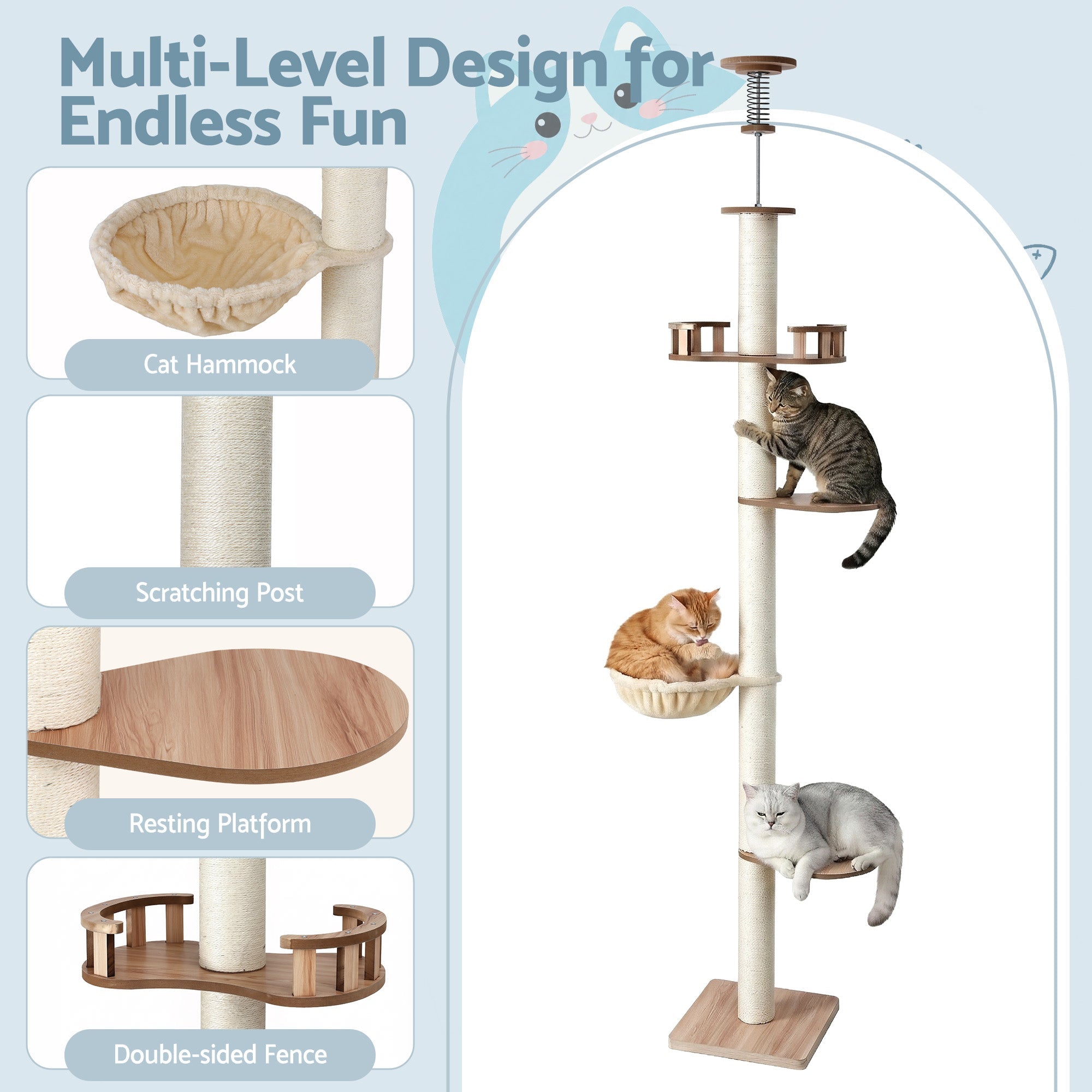 i.Pet Cat Tree Tower Floor to Ceiling Scratching Post 270cm Beige - Pet Care > Cat Supplies > Cat Scratching Posts - Rivercity House & Home Co. (ABN 18 642 972 209) - Affordable Modern Furniture Australia