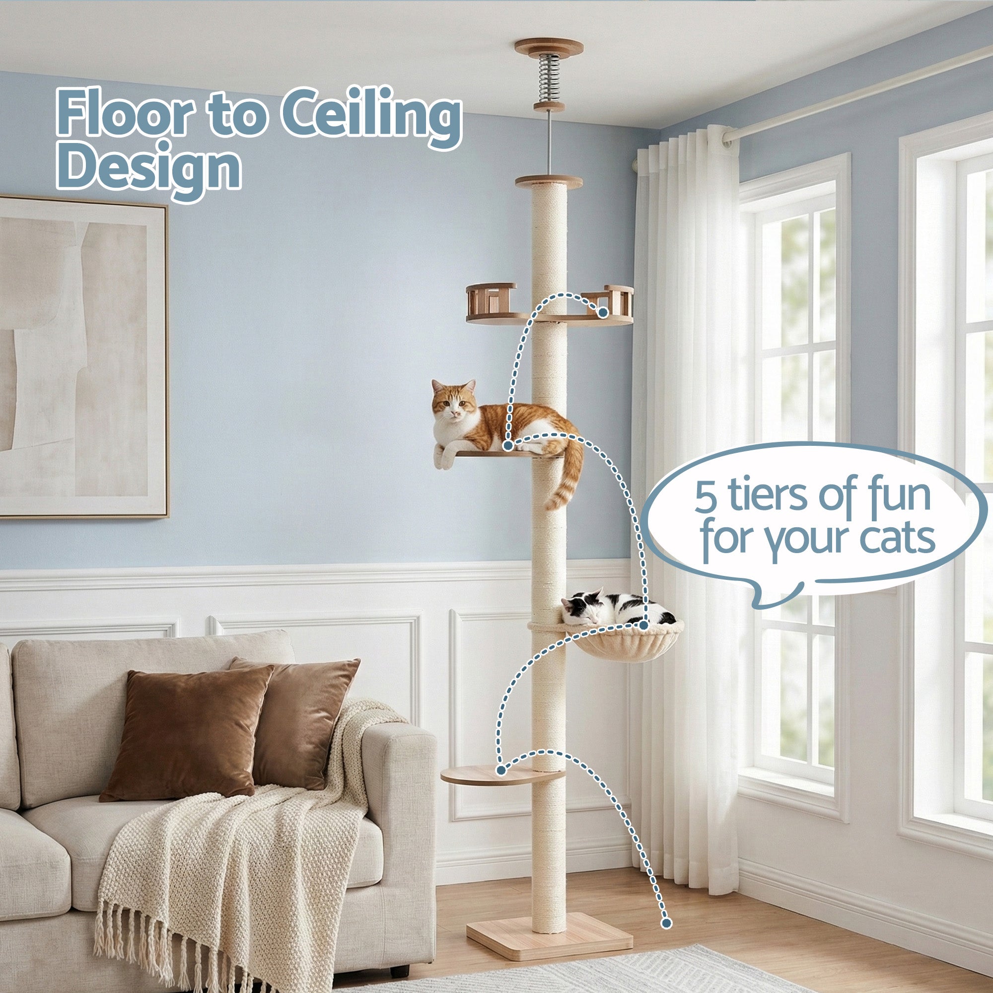 i.Pet Cat Tree Tower Floor to Ceiling Scratching Post 270cm Beige - Pet Care > Cat Supplies > Cat Scratching Posts - Rivercity House & Home Co. (ABN 18 642 972 209) - Affordable Modern Furniture Australia