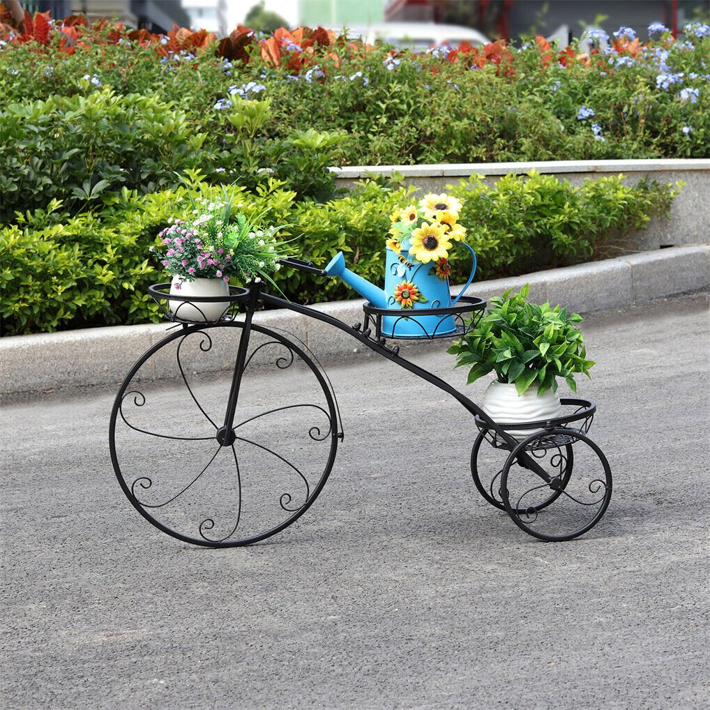 Iron Tricycle Plant Stand with Three Pot Holders - Black Solid Pattern - Home & Garden > Artificial Plants > Pots, Planters & Accessories - Rivercity House & Home Co. (ABN 18 642 972 209) - Affordable Modern Furniture Australia