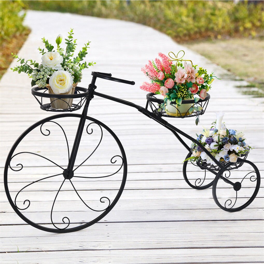 Iron Tricycle Plant Stand with Three Pot Holders - Black Solid Pattern - Home & Garden > Artificial Plants > Pots, Planters & Accessories - Rivercity House & Home Co. (ABN 18 642 972 209) - Affordable Modern Furniture Australia