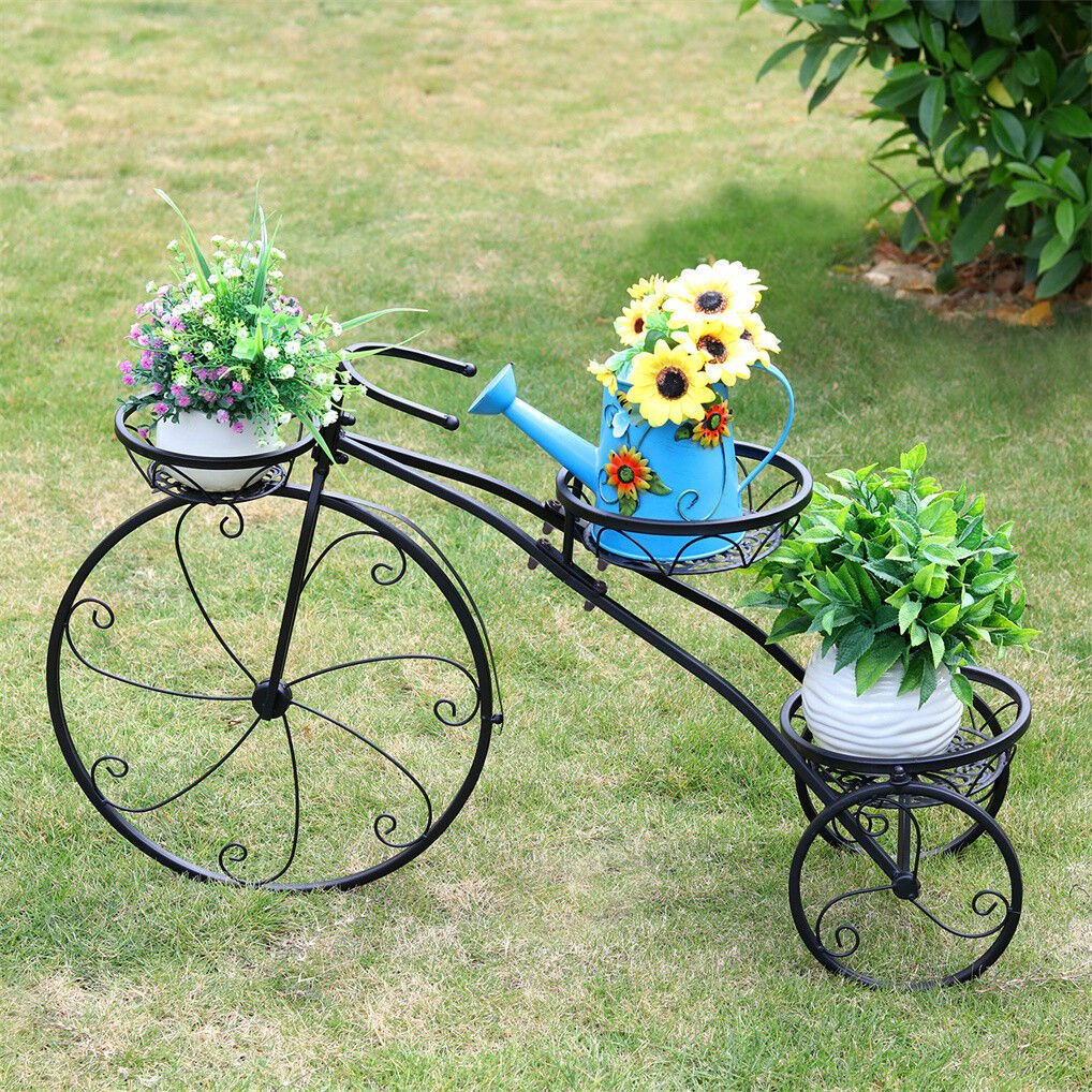 Iron Tricycle Plant Stand with Three Pot Holders - Black Solid Pattern - Home & Garden > Artificial Plants > Pots, Planters & Accessories - Rivercity House & Home Co. (ABN 18 642 972 209) - Affordable Modern Furniture Australia