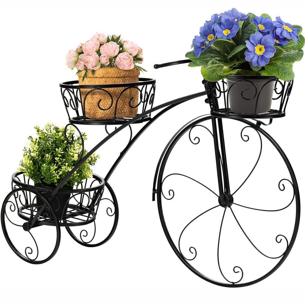 Iron Tricycle Plant Stand with Three Pot Holders - Black Solid Pattern - Home & Garden > Artificial Plants > Pots, Planters & Accessories - Rivercity House & Home Co. (ABN 18 642 972 209) - Affordable Modern Furniture Australia