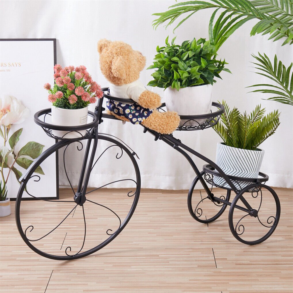 Iron Tricycle Plant Stand with Three Pot Holders - Black Solid Pattern - Home & Garden > Artificial Plants > Pots, Planters & Accessories - Rivercity House & Home Co. (ABN 18 642 972 209) - Affordable Modern Furniture Australia
