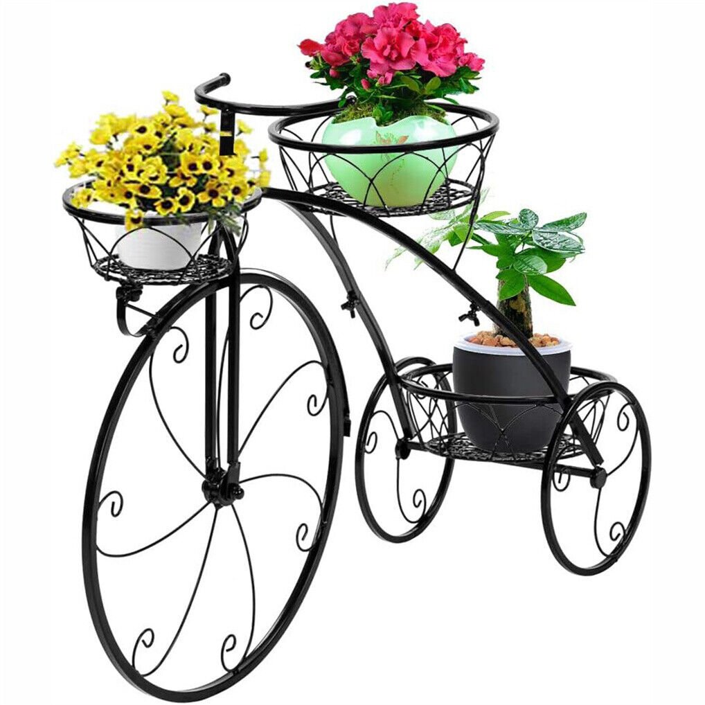 Iron Tricycle Plant Stand with Three Pot Holders - Black Solid Pattern - Home & Garden > Artificial Plants > Pots, Planters & Accessories - Rivercity House & Home Co. (ABN 18 642 972 209) - Affordable Modern Furniture Australia