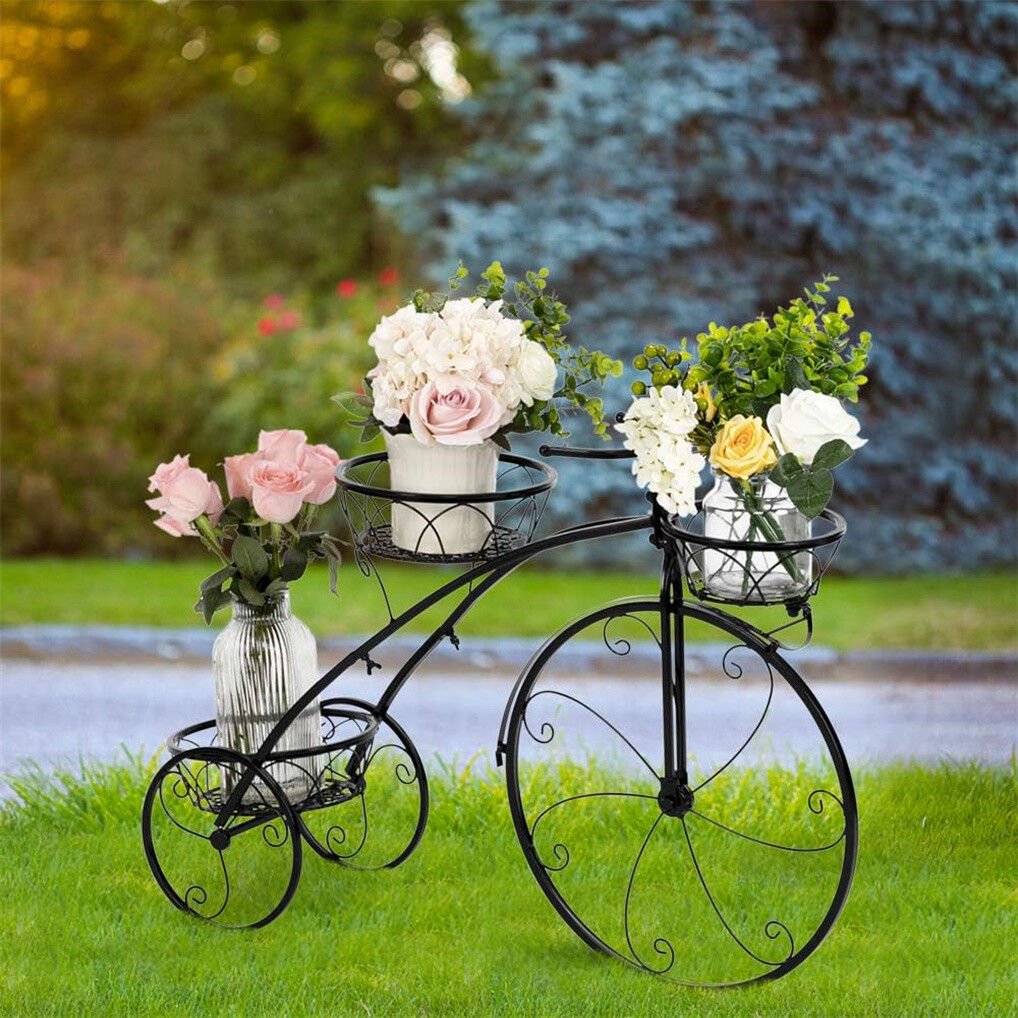 Iron Tricycle Plant Stand with Three Pot Holders - Black Solid Pattern - Home & Garden > Artificial Plants > Pots, Planters & Accessories - Rivercity House & Home Co. (ABN 18 642 972 209) - Affordable Modern Furniture Australia