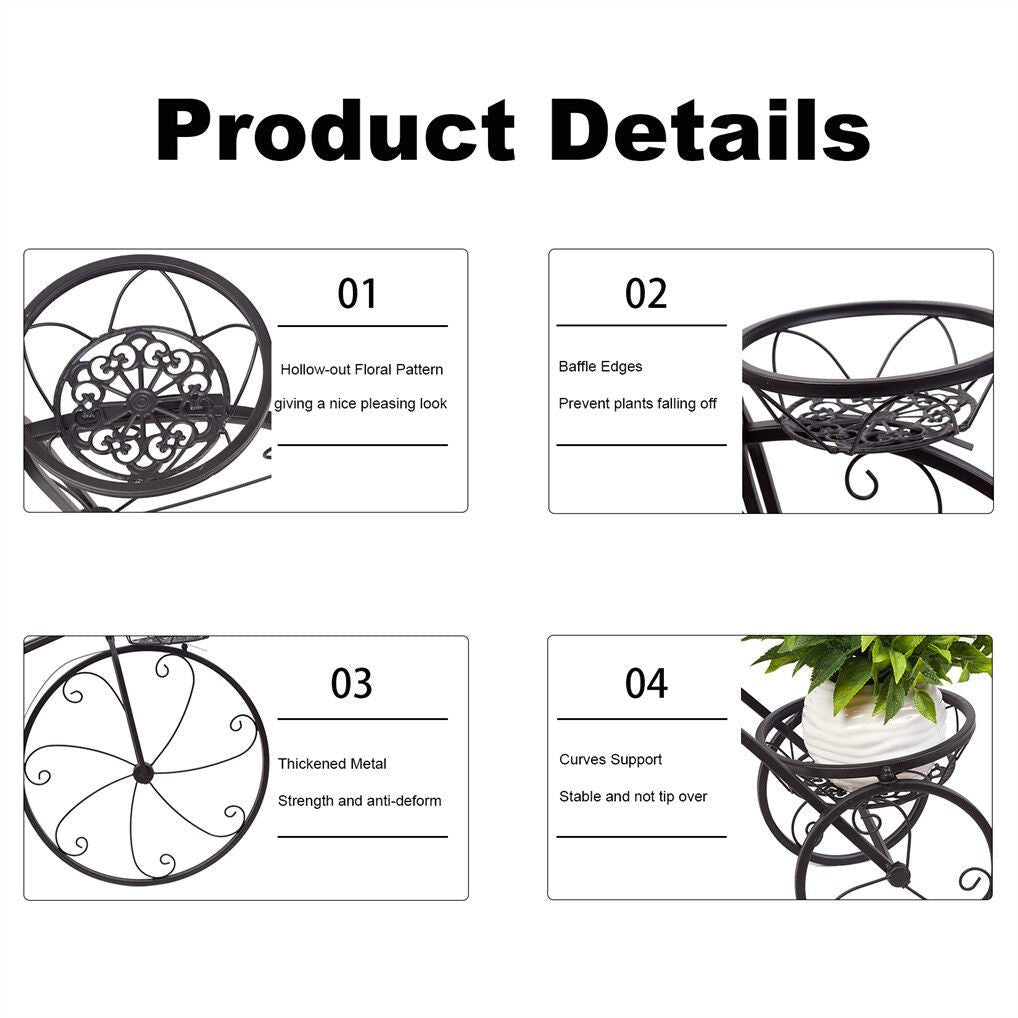 Iron Tricycle Plant Stand with Three Pot Holders - Black Solid Pattern - Home & Garden > Artificial Plants > Pots, Planters & Accessories - Rivercity House & Home Co. (ABN 18 642 972 209) - Affordable Modern Furniture Australia