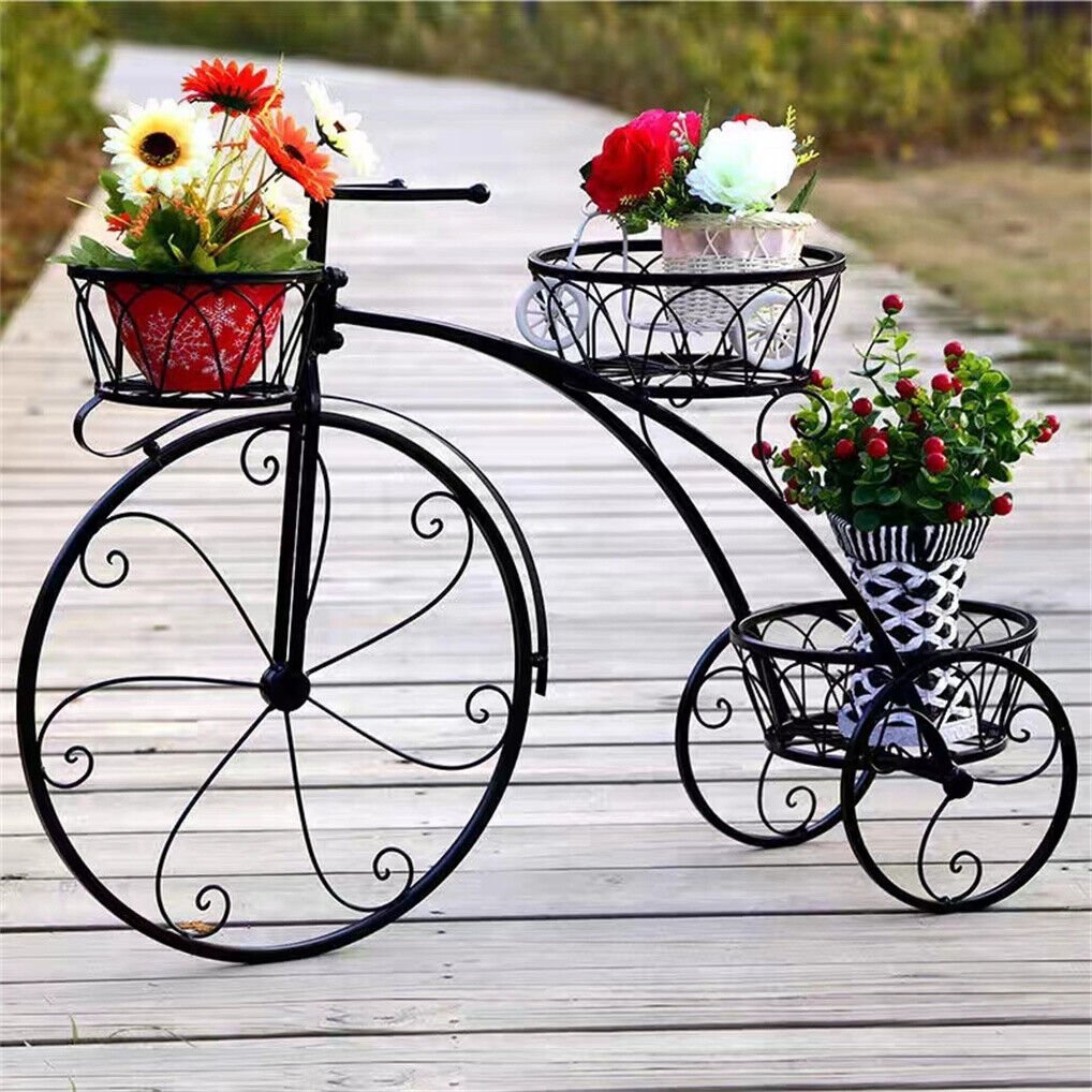 Iron Tricycle Plant Stand with Three Pot Holders - Black Solid Pattern - Home & Garden > Artificial Plants > Pots, Planters & Accessories - Rivercity House & Home Co. (ABN 18 642 972 209) - Affordable Modern Furniture Australia
