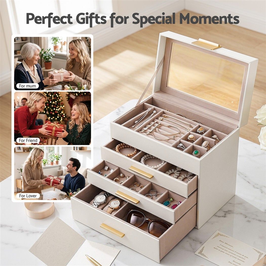 Jewellery Box 4-Layer Organiser with Glass Lid and Drawers - White - Health & Beauty > Cosmetic Storage > Makeup Organisation & Storage - Rivercity House & Home Co. (ABN 18 642 972 209) - Affordable Modern Furniture Australia