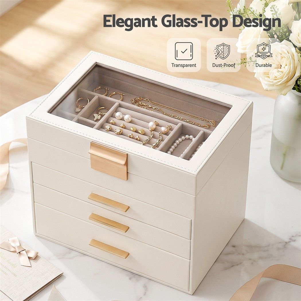 Jewellery Box 4-Layer Organiser with Glass Lid and Drawers - White - Health & Beauty > Cosmetic Storage > Makeup Organisation & Storage - Rivercity House & Home Co. (ABN 18 642 972 209) - Affordable Modern Furniture Australia