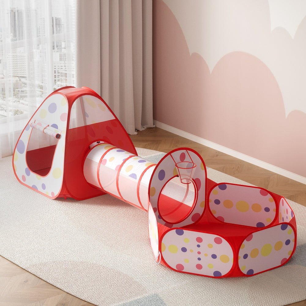 Keezi Kids Playhouse Play Tent Pop Up Teepee Ball Pit Tunnel Basketball Hoop Red - Baby & Kids > Baby & Kids Others - Rivercity House & Home Co. (ABN 18 642 972 209) - Affordable Modern Furniture Australia