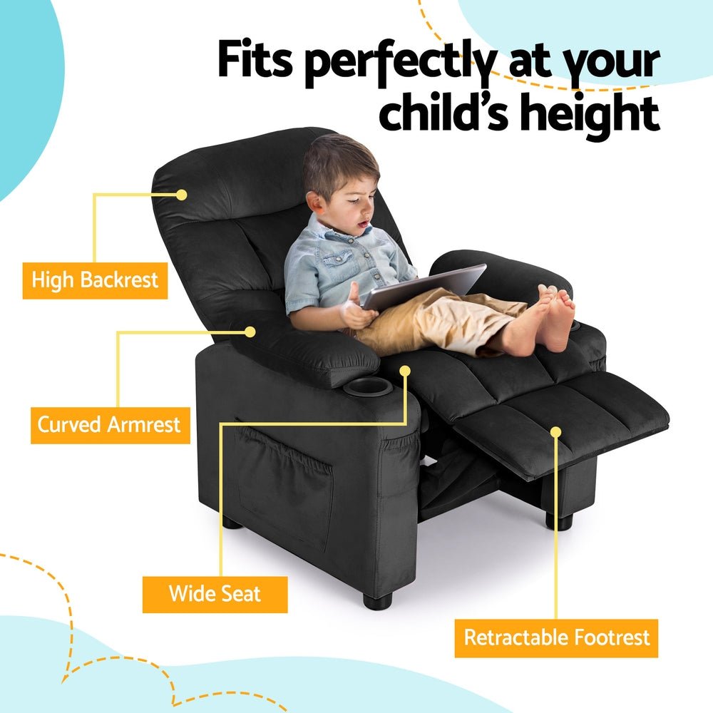 Keezi Kids Recliner Chair Black Velvet Sofa Lounge Couch Children Charis Armchair - Baby & Kids > Kid's Furniture - Rivercity House & Home Co. (ABN 18 642 972 209) - Affordable Modern Furniture Australia