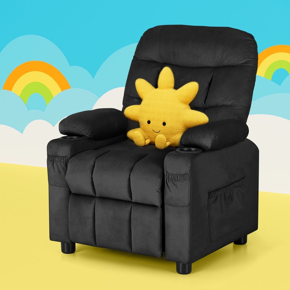 Keezi Kids Recliner Chair Black Velvet Sofa Lounge Couch Children Charis Armchair - Baby & Kids > Kid's Furniture - Rivercity House & Home Co. (ABN 18 642 972 209) - Affordable Modern Furniture Australia