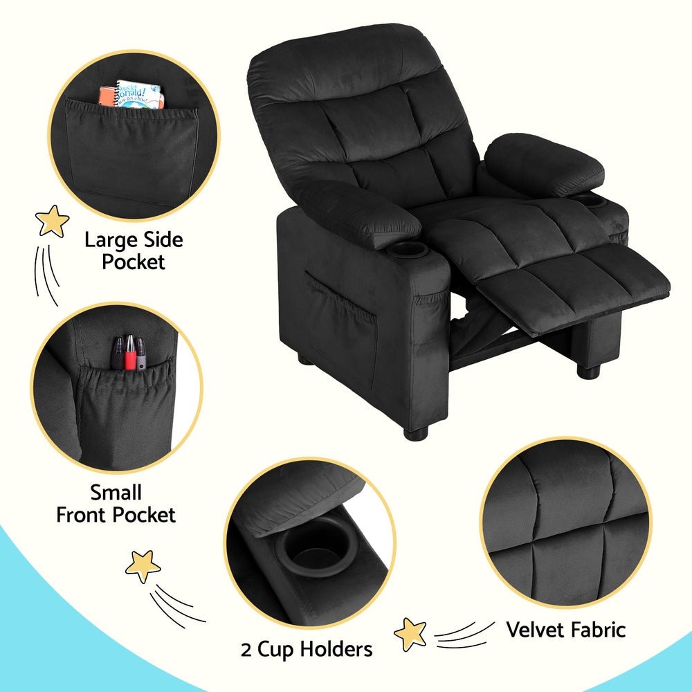 Keezi Kids Recliner Chair Black Velvet Sofa Lounge Couch Children Charis Armchair - Baby & Kids > Kid's Furniture - Rivercity House & Home Co. (ABN 18 642 972 209) - Affordable Modern Furniture Australia