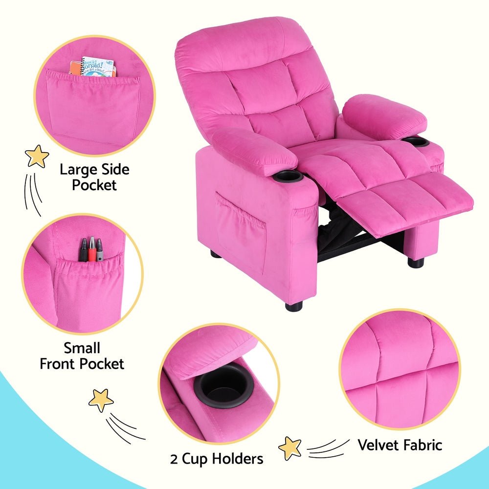 Keezi Kids Recliner Chair Pink Velvet Sofa Lounge Couch Children Charis Armchair - Baby & Kids > Kid's Furniture - Rivercity House & Home Co. (ABN 18 642 972 209) - Affordable Modern Furniture Australia