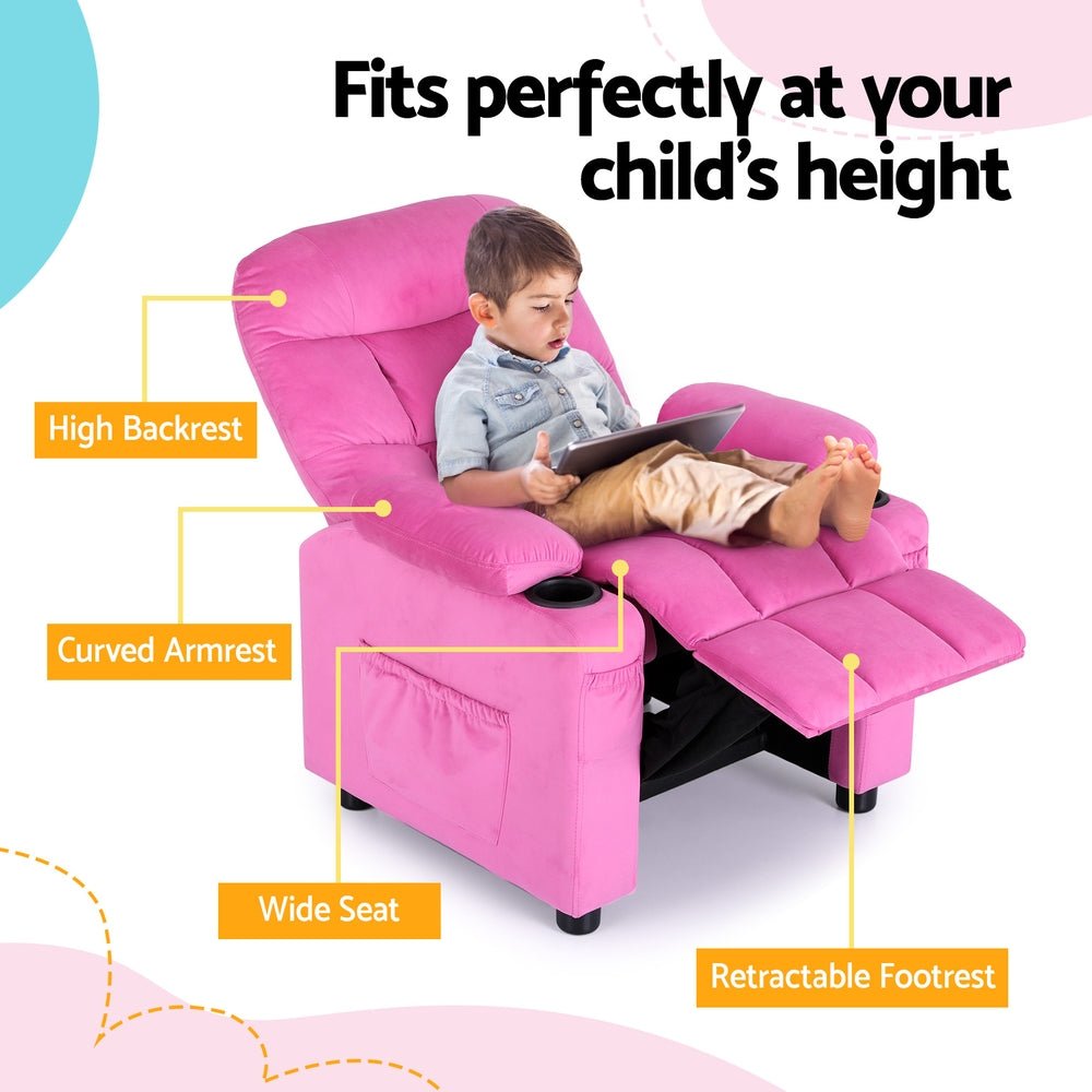 Keezi Kids Recliner Chair Pink Velvet Sofa Lounge Couch Children Charis Armchair - Baby & Kids > Kid's Furniture - Rivercity House & Home Co. (ABN 18 642 972 209) - Affordable Modern Furniture Australia