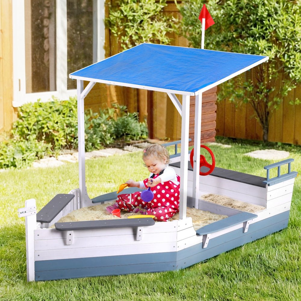 Keezi Kids Sandpit Wooden Box Boat Canopy Flag Outdoor Toys Children Blue - Baby & Kids > Baby & Kid's Toys > Outdoor Play Equipment - Rivercity House & Home Co. (ABN 18 642 972 209) - Affordable Modern Furniture Australia