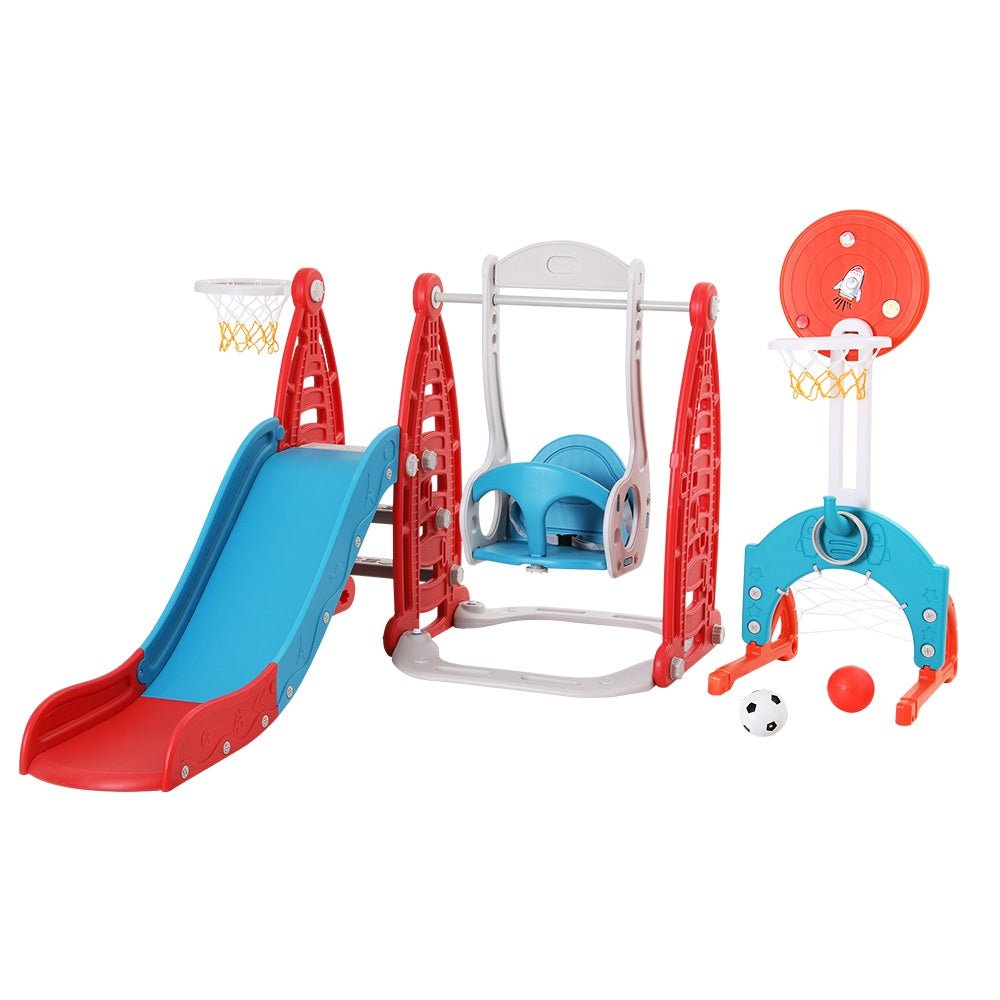 Keezi Kids Slide Swing Set Basketball Hoop Rings Football Outdoor Toys 140cm Red - Baby & Kids > Toys - Rivercity House & Home Co. (ABN 18 642 972 209) - Affordable Modern Furniture Australia