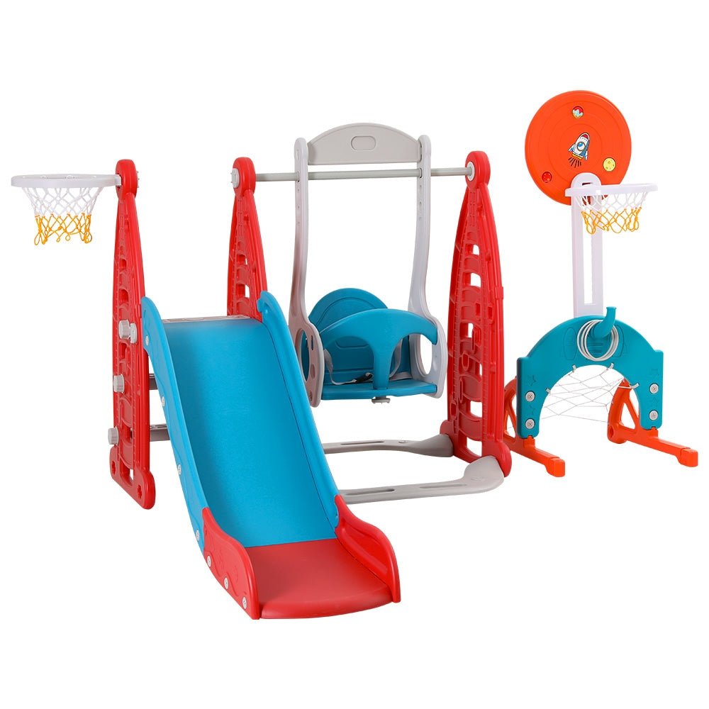 Keezi Kids Slide Swing Set Basketball Hoop Rings Football Outdoor Toys 140cm Red - Baby & Kids > Toys - Rivercity House & Home Co. (ABN 18 642 972 209) - Affordable Modern Furniture Australia