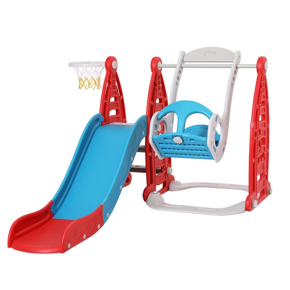 Keezi Kids Slide Swing Set Basketball Hoop Rings Football Outdoor Toys 140cm Red - Baby & Kids > Toys - Rivercity House & Home Co. (ABN 18 642 972 209) - Affordable Modern Furniture Australia