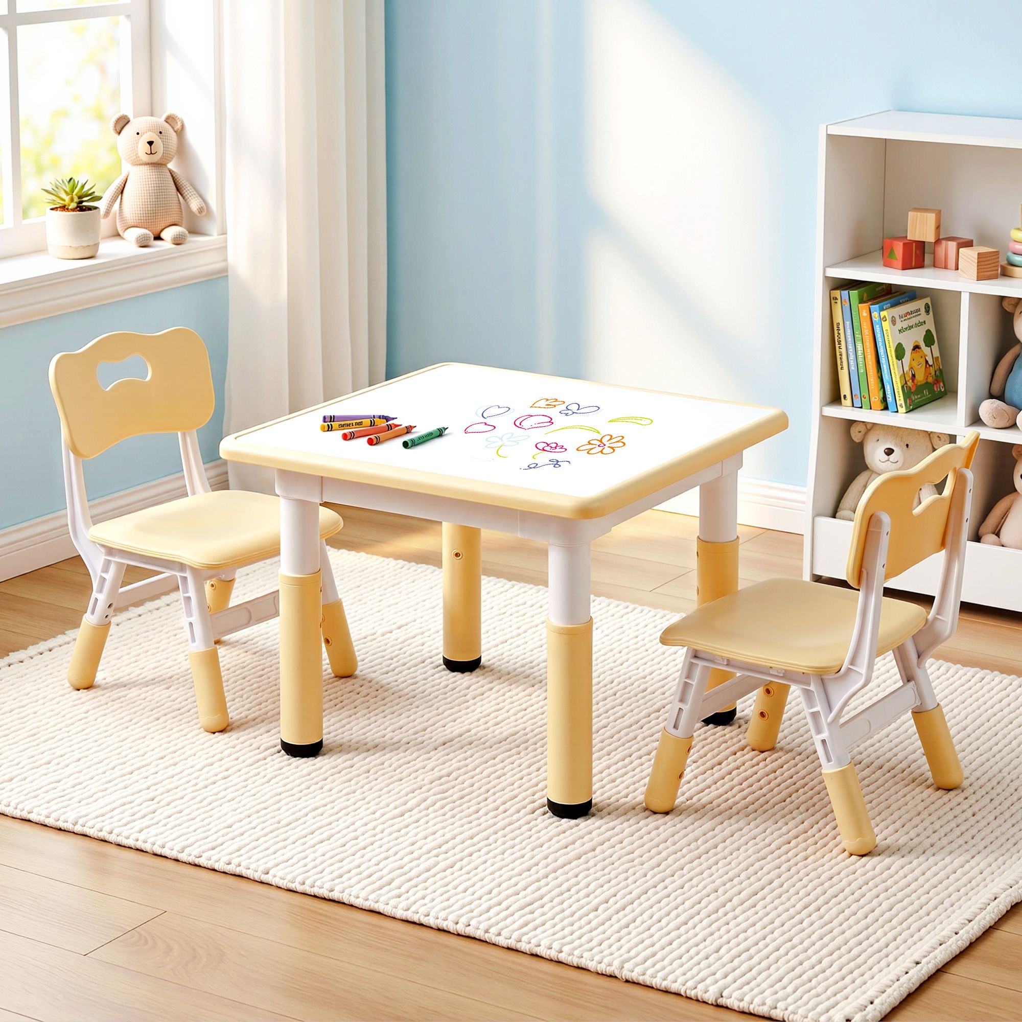 Keezi Kids Table and 2 Chairs Set Height Adjustable Toddler Desk and Chair Set for Ages 3 - 8, Activity Table with Graffiti Desktop for Learning Drawing Playing, Yellow - Baby & Kids > Kid's Furniture > Kid's Tables, Chairs & Seats - Rivercity House & Home Co. (ABN 18 642 972 209) - Affordable Modern Furniture Australia