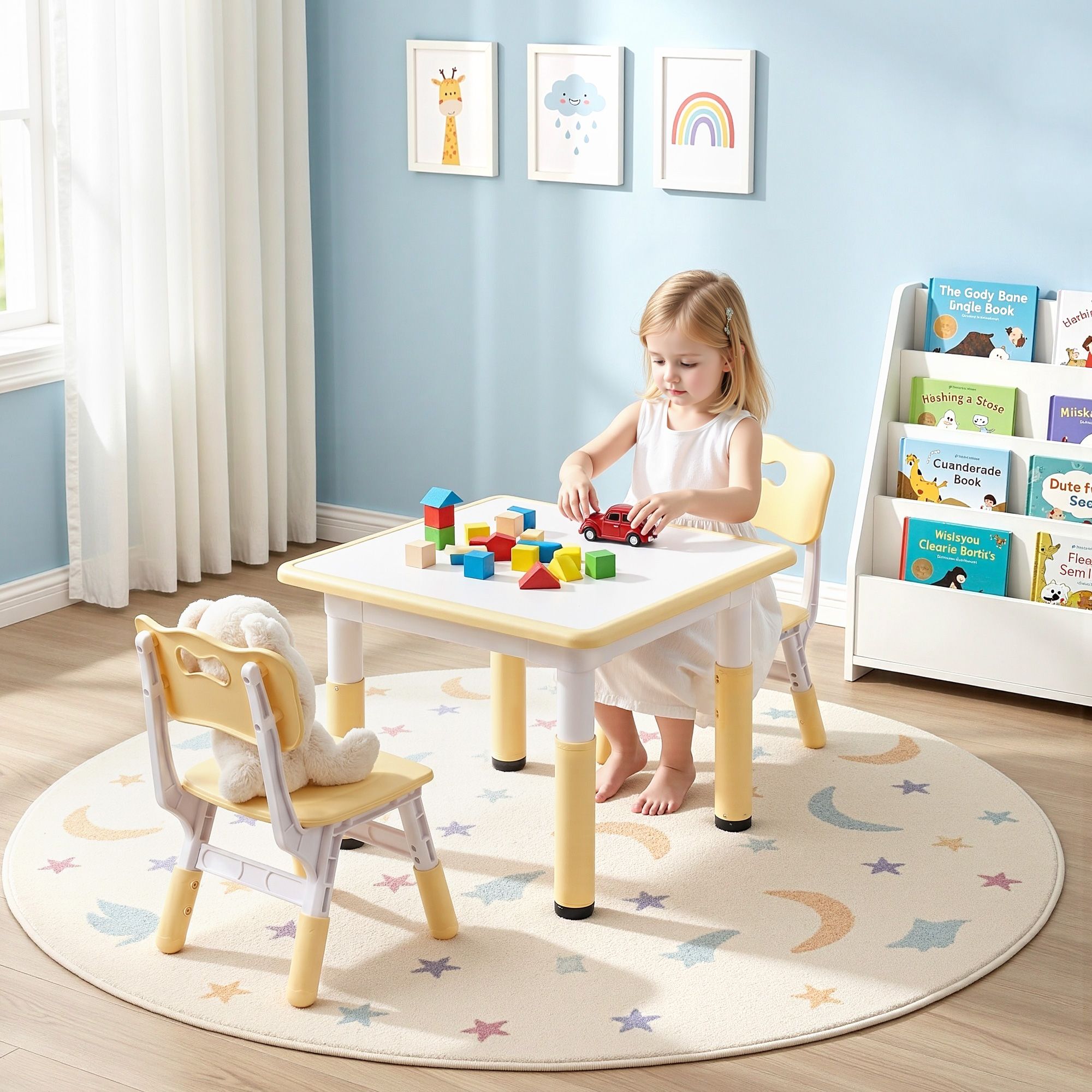 Keezi Kids Table and 2 Chairs Set Height Adjustable Toddler Desk and Chair Set for Ages 3 - 8, Activity Table with Graffiti Desktop for Learning Drawing Playing, Yellow - Baby & Kids > Kid's Furniture > Kid's Tables, Chairs & Seats - Rivercity House & Home Co. (ABN 18 642 972 209) - Affordable Modern Furniture Australia