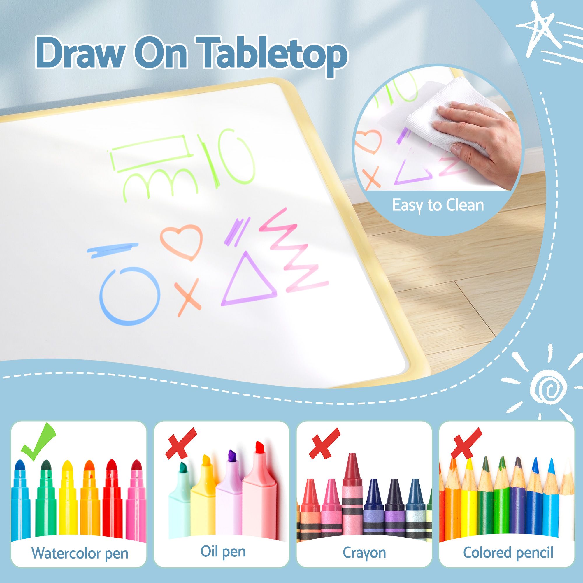 Keezi Kids Table and 2 Chairs Set Height Adjustable Toddler Desk and Chair Set for Ages 3 - 8, Activity Table with Graffiti Desktop for Learning Drawing Playing, Yellow - Baby & Kids > Kid's Furniture > Kid's Tables, Chairs & Seats - Rivercity House & Home Co. (ABN 18 642 972 209) - Affordable Modern Furniture Australia