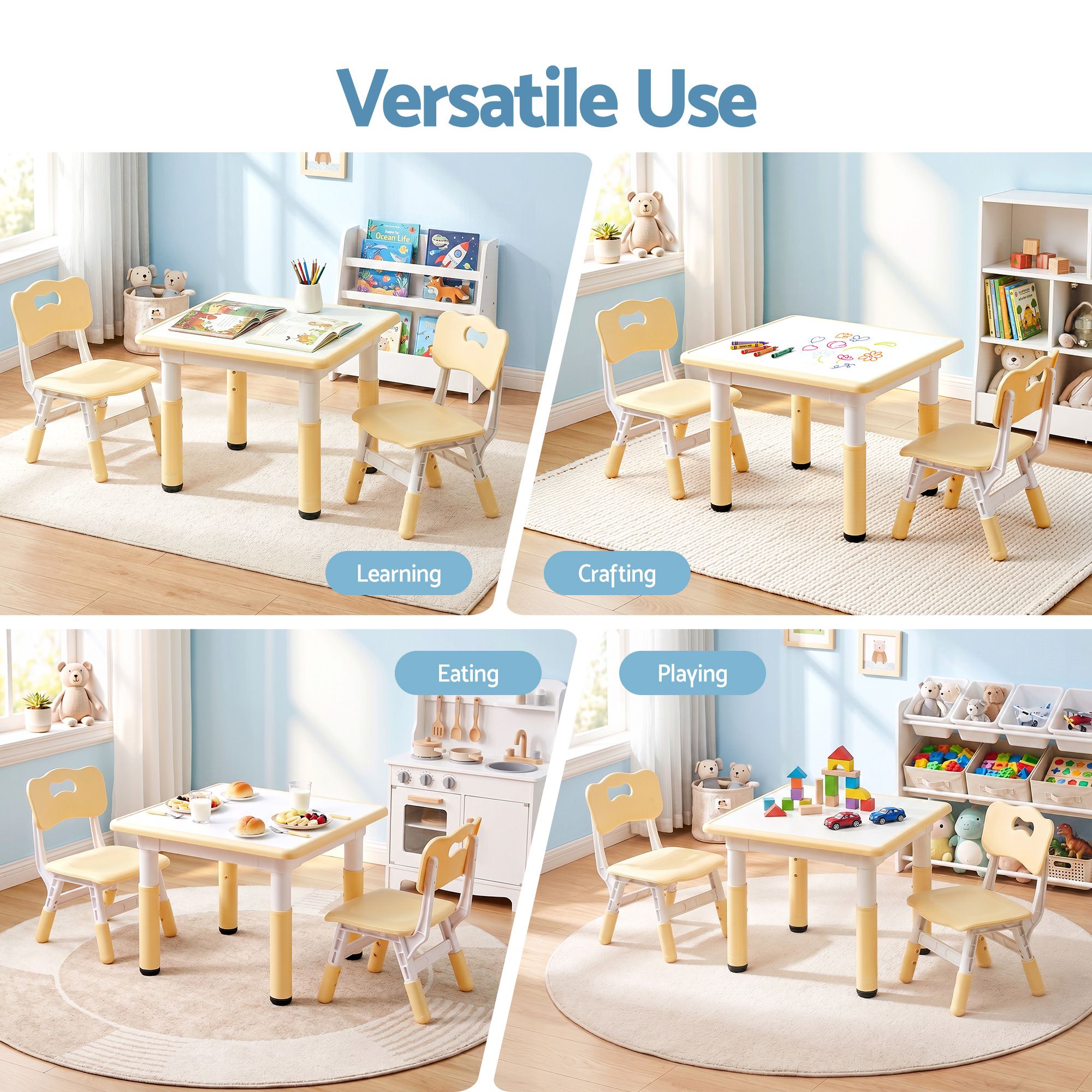 Keezi Kids Table and 2 Chairs Set Height Adjustable Toddler Desk and Chair Set for Ages 3 - 8, Activity Table with Graffiti Desktop for Learning Drawing Playing, Yellow - Baby & Kids > Kid's Furniture > Kid's Tables, Chairs & Seats - Rivercity House & Home Co. (ABN 18 642 972 209) - Affordable Modern Furniture Australia