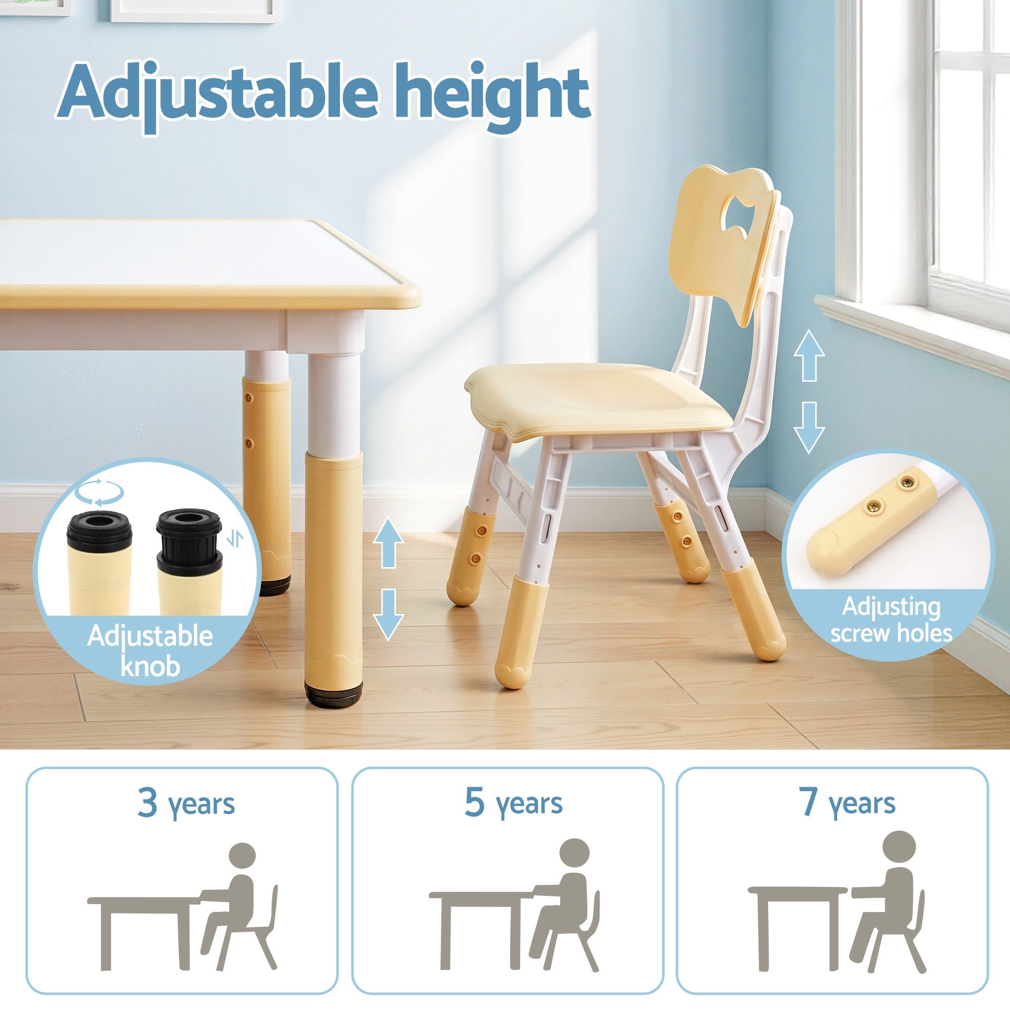 Keezi Kids Table and 2 Chairs Set Height Adjustable Toddler Desk and Chair Set for Ages 3 - 8, Activity Table with Graffiti Desktop for Learning Drawing Playing, Yellow - Baby & Kids > Kid's Furniture > Kid's Tables, Chairs & Seats - Rivercity House & Home Co. (ABN 18 642 972 209) - Affordable Modern Furniture Australia