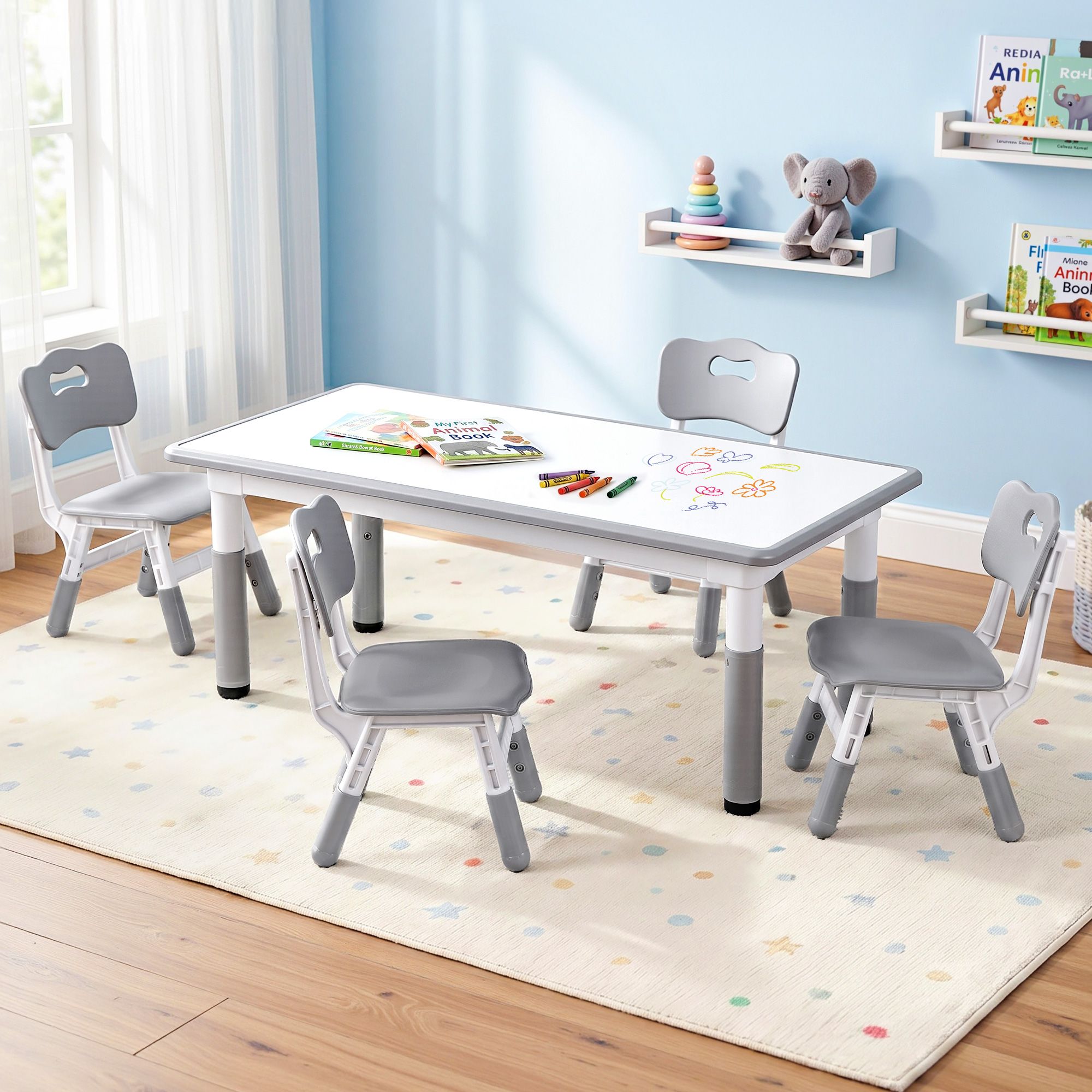 Keezi Kids Table and 4 Chairs Set Height Adjustable Toddler Desk and Chair Set for Ages 3 - 8, Children Activity Table with Graffiti Desktop for Learning Drawing Playing, Grey - Baby & Kids > Kid's Furniture > Kid's Tables, Chairs & Seats - Rivercity House & Home Co. (ABN 18 642 972 209) - Affordable Modern Furniture Australia