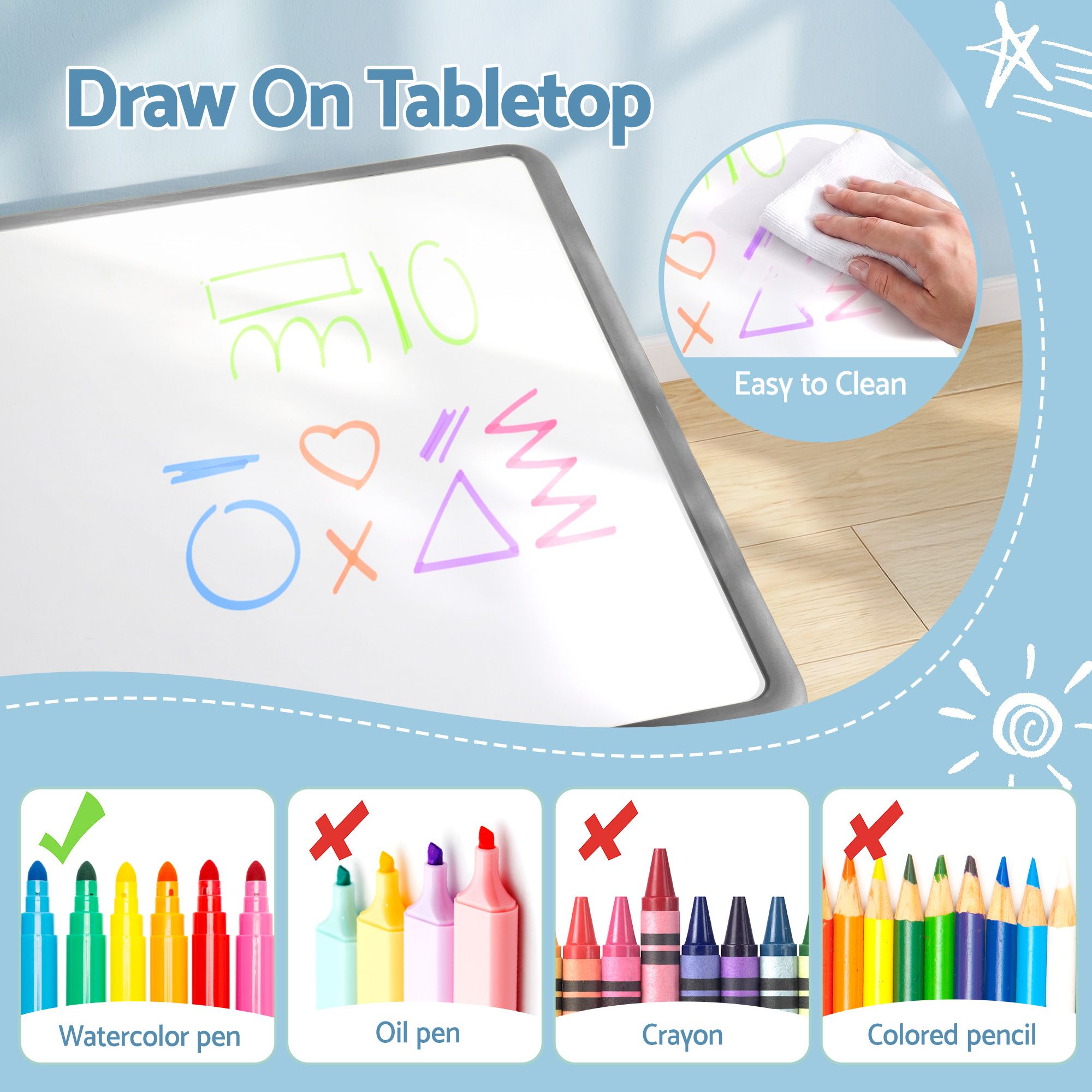 Keezi Kids Table and 4 Chairs Set Height Adjustable Toddler Desk and Chair Set for Ages 3 - 8, Children Activity Table with Graffiti Desktop for Learning Drawing Playing, Grey - Baby & Kids > Kid's Furniture > Kid's Tables, Chairs & Seats - Rivercity House & Home Co. (ABN 18 642 972 209) - Affordable Modern Furniture Australia